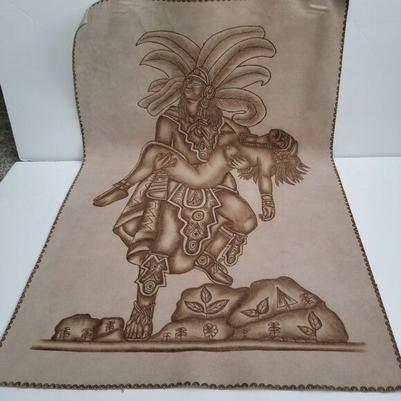 Amor Eterno Hand Burned Detail Leather Wall Art Aztec Warrior Eternal Love - Picture 2 of 6
